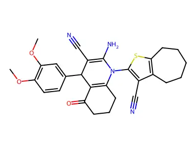 2-amino-1-(3-cyano-5,6,7,8-tetrahydro-4H-cyclohepta[b]thiophen-2-yl)-4-(3,4-dimethoxyphenyl)-5-oxo-1,4,5,6,7,8-hexahydroquinoline-3-carbonitrile structure