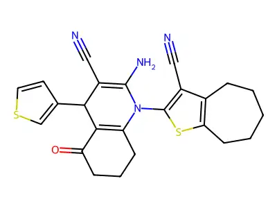 2-amino-1-(3-cyano-5,6,7,8-tetrahydro-4H-cyclohepta[b]thien-2-yl)-5-oxo-4-(3-thienyl)-1,4,5,6,7,8-hexahydro-3-quinolinecarbonitrile structure