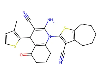 2-amino-1-(3-cyano-5,6,7,8-tetrahydro-4H-cyclohepta[b]thien-2-yl)-4-(3-methyl-2-thienyl)-5-oxo-1,4,5,6,7,8-hexahydro-3-quinolinecarbonitrile structure