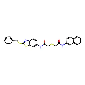 2-[2-[(2-benzylsulfanyl-1,3-benzothiazol-6-yl)amino]-2-oxoethyl]sulfanyl-N-naphthalen-2-ylacetamide structure