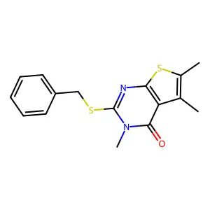 2-(benzylsulfanyl)-3,5,6-trimethylthieno[2,3-d]pyrimidin-4(3H)-one structure