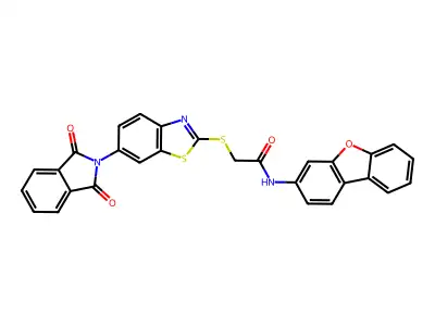 N-dibenzofuran-3-yl-2-[[6-(1,3-dioxoisoindol-2-yl)-1,3-benzothiazol-2-yl]sulfanyl]acetamide structure