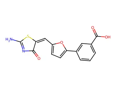 3-[5-[(E)-(2-imino-4-oxo-thiazolidin-5-ylidene)methyl]-2-furyl]benzoic acid structure
