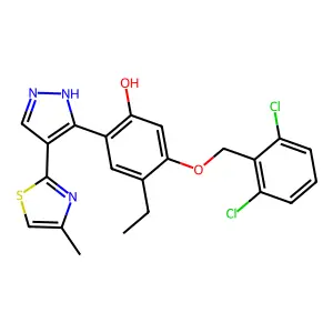 5-[(2,6-dichlorobenzyl)oxy]-4-ethyl-2-[4-(4-methyl-1,3-thiazol-2-yl)-1H-pyrazol-3-yl]phenol structure
