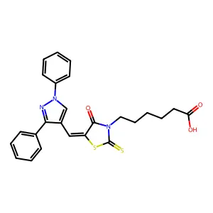 6-{(5Z)-5-[(1,3-diphenyl-1H-pyrazol-4-yl)methylidene]-4-oxo-2-thioxo-1,3-thiazolidin-3-yl}hexanoic acid structure