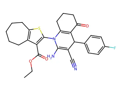 ethyl 2-(2-amino-3-cyano-4-(4-fluorophenyl)-5-oxo-5,6,7,8-tetrahydro-1(4H)-quinolinyl)-5,6,7,8-tetrahydro-4H-cyclohepta[b]thiophene-3-carboxylate structure