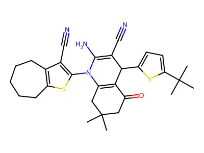 2-amino-4-(5-tert-butyl-2-thienyl)-1-(3-cyano-5,6,7,8-tetrahydro-4H-cyclohepta[b]thien-2-yl)-7,7-dimethyl-5-oxo-1,4,5,6,7,8-hexahydro-3-quinolinecarbonitrile structure