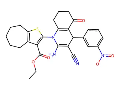 ethyl 2-(2-amino-3-cyano-4-{3-nitrophenyl}-5-oxo-5,6,7,8-tetrahydro-1(4H)-quinolinyl)-5,6,7,8-tetrahydro-4H-cyclohepta[b]thiophene-3-carboxylate structure
