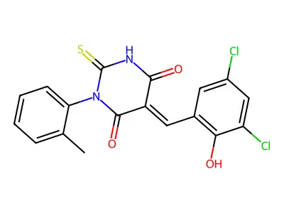 (5E)-5-[(3,5-dichloro-2-hydroxyphenyl)methylidene]-1-(2-methylphenyl)-2-sulfanylidene-1,3-diazinane-4,6-dione structure