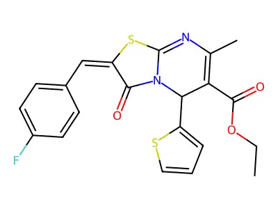 (E)-ethyl 2-(4-fluorobenzylidene)-7-methyl-3-oxo-5-(thiophen-2-yl)-3,5-dihydro-2H-thiazolo[3,2-a]pyrimidine-6-carboxylate structure