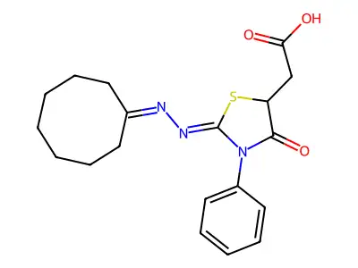 2-[(2Z)-2-(cyclooctylidenehydrazinylidene)-4-oxo-3-phenyl-1,3-thiazolidin-5-yl]acetic acid structure