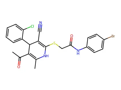 2-[[5-acetyl-4-(2-chlorophenyl)-3-cyano-6-methyl-1,4-dihydropyridin-2-yl]sulfanyl]-N-(4-bromophenyl)acetamide structure