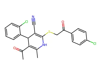 5-acetyl-4-(2-chlorophenyl)-2-[2-(4-chlorophenyl)-2-oxoethyl]sulfanyl-6-methyl-1,4-dihydropyridine-3-carbonitrile structure