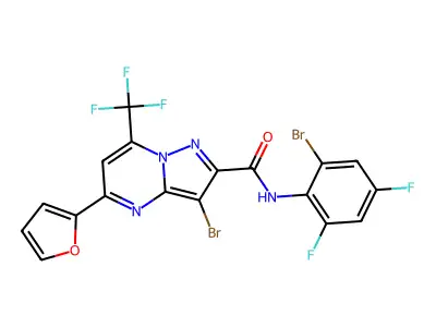 3-bromo-N-(2-bromo-4,6-difluorophenyl)-5-(furan-2-yl)-7-(trifluoromethyl)pyrazolo[1,5-a]pyrimidine-2-carboxamide structure