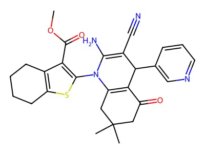 Methyl 2-(2-amino-3-cyano-7,7-dimethyl-5-oxo-4-(pyridin-3-yl)-5,6,7,8-tetrahydroquinolin-1(4H)-yl)-4,5,6,7-tetrahydrobenzo[b]thiophene-3-carboxylate structure