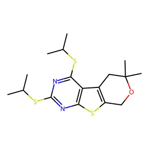 2,4-bis(isopropylsulfanyl)-6,6-dimethyl-5,8-dihydro-6H-pyrano[4',3':4,5]thieno[2,3-d]pyrimidine structure