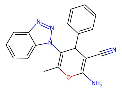 2-amino-5-(1-benzotriazolyl)-6-methyl-4-phenyl-4H-pyran-3-carbonitrile structure