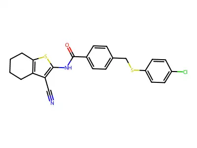 4-{[(4-chlorophenyl)sulfanyl]methyl}-N-(3-cyano-4,5,6,7-tetrahydro-1-benzothien-2-yl)benzamide structure