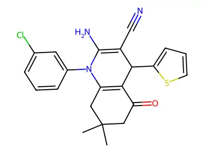 2-amino-1-(3-chlorophenyl)-7,7-dimethyl-5-oxo-4-(thiophen-2-yl)-1,4,5,6,7,8-hexahydroquinoline-3-carbonitrile structure