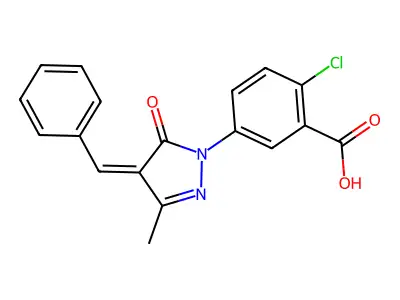 5-[(4Z)-4-benzylidene-3-methyl-5-oxo-4,5-dihydro-1H-pyrazol-1-yl]-2-chlorobenzoic acid structure