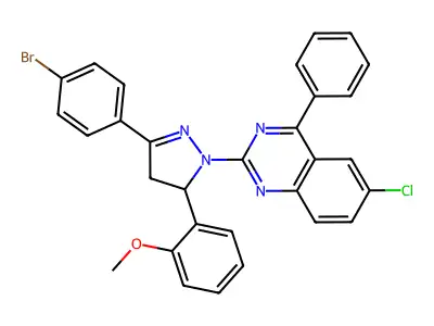 2-[3-(4-bromophenyl)-5-(2-methoxyphenyl)-4,5-dihydro-1H-pyrazol-1-yl]-6-chloro-4-phenylquinazoline structure