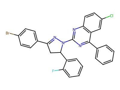 2-(3-(4-bromophenyl)-5-(2-fluorophenyl)-4,5-dihydro-1H-pyrazol-1-yl)-6-chloro-4-phenylquinazoline structure