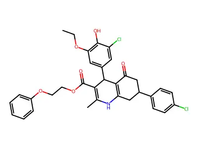 2-phenoxyethyl 4-(3-chloro-5-ethoxy-4-hydroxyphenyl)-7-(4-chlorophenyl)-2-methyl-5-oxo-1,4,5,6,7,8-hexahydroquinoline-3-carboxylate structure