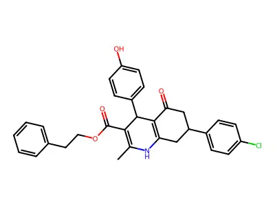 2-phenylethyl 7-(4-chlorophenyl)-4-(4-hydroxyphenyl)-2-methyl-5-oxo-1,4,5,6,7,8-hexahydroquinoline-3-carboxylate structure