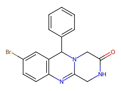 8-Bromo-6-phenyl-1,2,4,6-tetrahydropyrazino[2,1-b]quinazolin-3-one structure