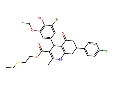 2-(ethylsulfanyl)ethyl 4-(3-bromo-5-ethoxy-4-hydroxyphenyl)-7-(4-chlorophenyl)-2-methyl-5-oxo-1,4,5,6,7,8-hexahydroquinoline-3-carboxylate structure