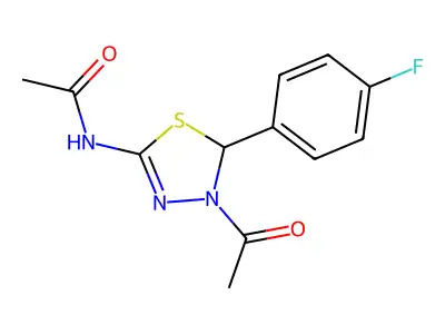N-[4-acetyl-5-(4-fluorophenyl)-4,5-dihydro-1,3,4-thiadiazol-2-yl]acetamide structure