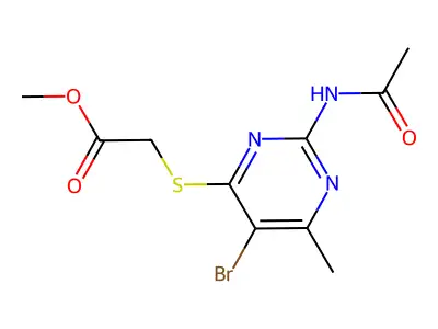 Methyl 2-((2-acetamido-5-bromo-6-methylpyrimidin-4-yl)thio)acetate structure