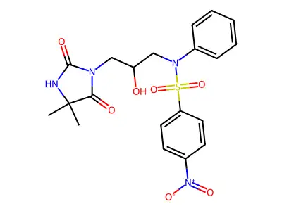 N-[3-(4,4-dimethyl-2,5-dioxoimidazolidin-1-yl)-2-hydroxypropyl]-4-nitro-N-phenylbenzenesulfonamide structure