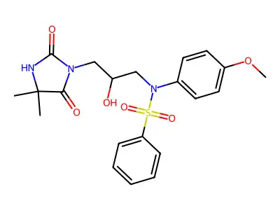 N-[3-(4,4-dimethyl-2,5-dioxoimidazolidin-1-yl)-2-hydroxypropyl]-N-(4-methoxyphenyl)benzenesulfonamide structure