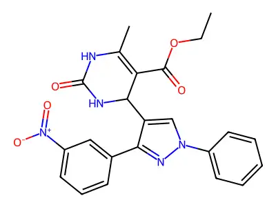 ethyl 6-methyl-4-[3-(3-nitrophenyl)-1-phenylpyrazol-4-yl]-2-oxo-3,4-dihydro-1H-pyrimidine-5-carboxylate structure