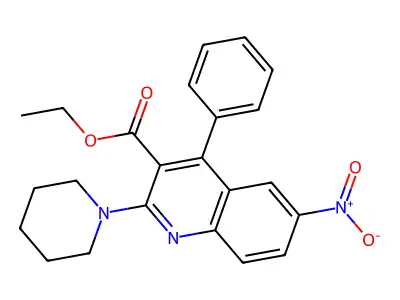 Ethyl 6-nitro-4-phenyl-2-(1-piperidinyl)-3-quinolinecarboxylate structure