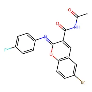 (2Z)-N-acetyl-6-bromo-2-[(4-fluorophenyl)imino]-2H-chromene-3-carboxamide structure