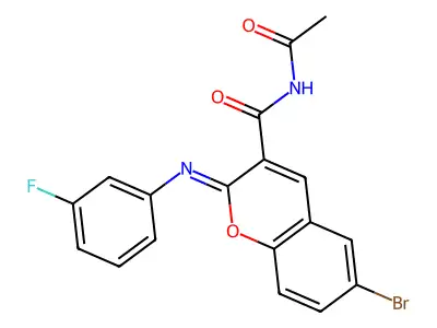 (2Z)-N-acetyl-6-bromo-2-[(3-fluorophenyl)imino]-2H-chromene-3-carboxamide structure