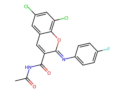 (2Z)-N-acetyl-6,8-dichloro-2-[(4-fluorophenyl)imino]-2H-chromene-3-carboxamide structure