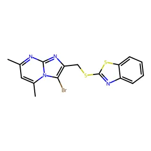 2-(((3-bromo-5,7-dimethylimidazo[1,2-a]pyrimidin-2-yl)methyl)thio)benzo[d]thiazole structure