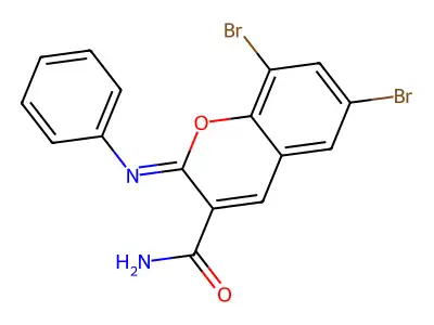 (2Z)-6,8-dibromo-2-(phenylimino)-2H-chromene-3-carboxamide structure