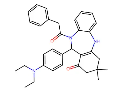 11-[4-(diethylamino)phenyl]-3,3-dimethyl-10-(phenylacetyl)-2,3,4,5,10,11-hexahydro-1H-dibenzo[b,e][1,4]diazepin-1-one structure