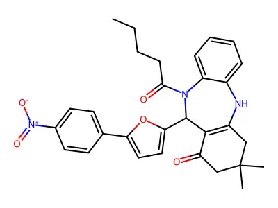11-(5-{4-nitrophenyl}-2-furyl)-3,3-dimethyl-10-pentanoyl-2,3,4,5,10,11-hexahydro-1H-dibenzo[b,e][1,4]diazepin-1-one structure