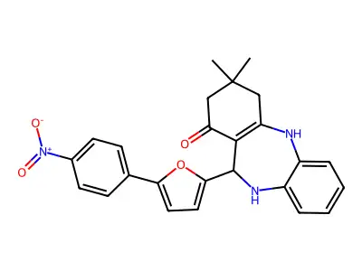 11-(5-{4-nitrophenyl}-2-furyl)-3,3-dimethyl-2,3,4,5,10,11-hexahydro-1H-dibenzo[b,e][1,4]diazepin-1-one structure