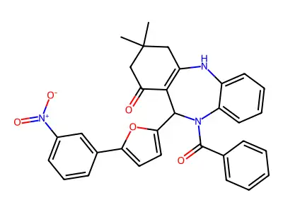 3,3-dimethyl-11-[5-(3-nitrophenyl)furan-2-yl]-10-(phenylcarbonyl)-2,3,4,5,10,11-hexahydro-1H-dibenzo[b,e][1,4]diazepin-1-one structure
