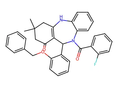 11-[2-(benzyloxy)phenyl]-10-[(2-fluorophenyl)carbonyl]-3,3-dimethyl-2,3,4,5,10,11-hexahydro-1H-dibenzo[b,e][1,4]diazepin-1-one structure