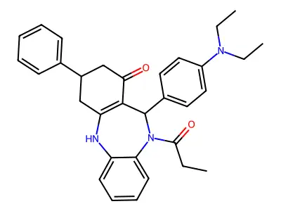 11-[4-(diethylamino)phenyl]-3-phenyl-10-propanoyl-2,3,4,5,10,11-hexahydro-1H-dibenzo[b,e][1,4]diazepin-1-one structure