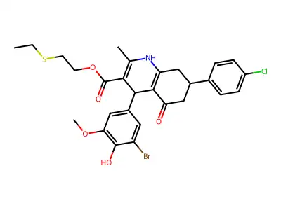 2-(ethylsulfanyl)ethyl 4-(3-bromo-4-hydroxy-5-methoxyphenyl)-7-(4-chlorophenyl)-2-methyl-5-oxo-1,4,5,6,7,8-hexahydroquinoline-3-carboxylate structure
