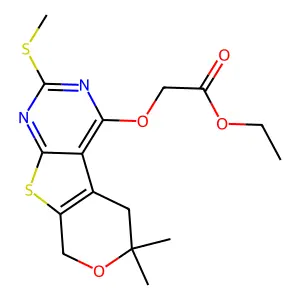 ethyl 2-((6,6-dimethyl-2-(methylthio)-6,8-dihydro-5H-pyrano[4',3':4,5]thieno[2,3-d]pyrimidin-4-yl)oxy)acetate structure