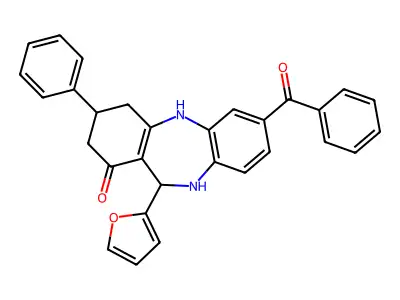 11-(furan-2-yl)-3-phenyl-7-(phenylcarbonyl)-2,3,4,5,10,11-hexahydro-1H-dibenzo[b,e][1,4]diazepin-1-one structure